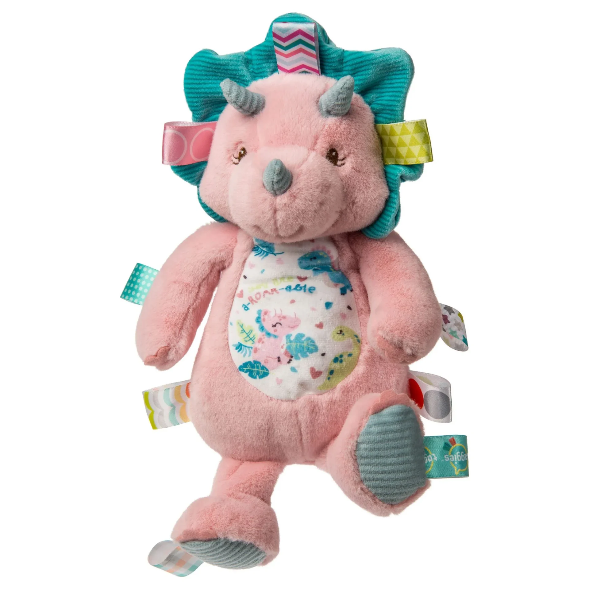dino soft toy in pink color and blue horns
