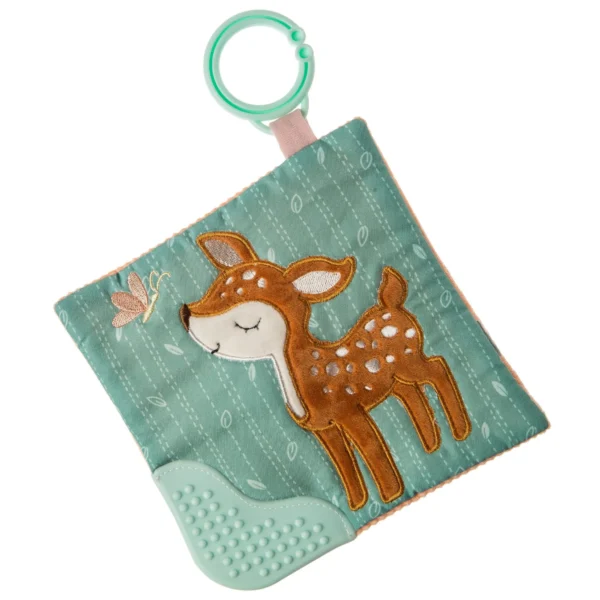 fawn crinkle teether in green color and a deer illustration